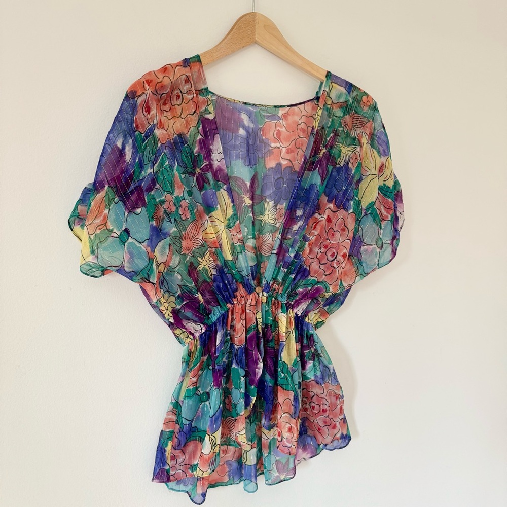 Anthropologie What Goes Around Comes Around 100% Silk Sheer Floral Blouse Size S - Picture 5 of 12